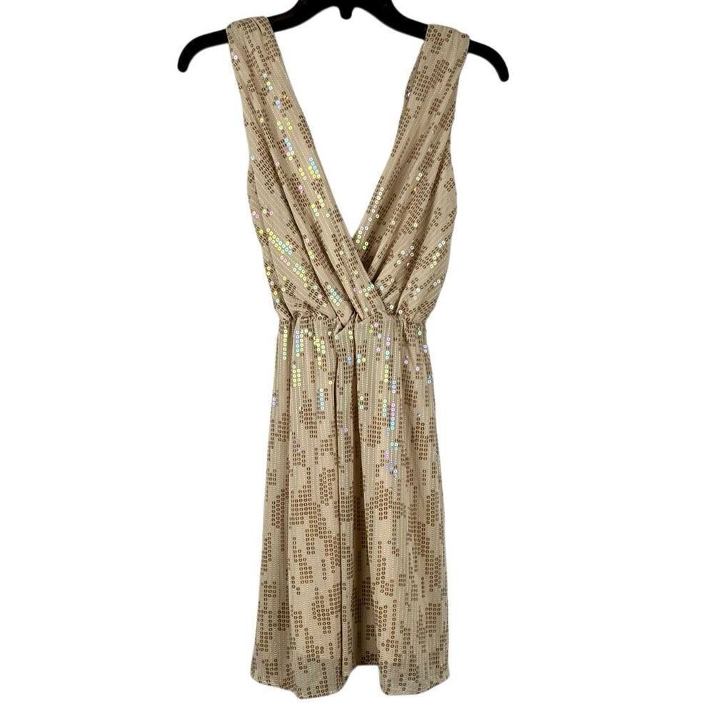 Express Tan Gold Deep V Neck Sleeveless Dress w Sequins XS